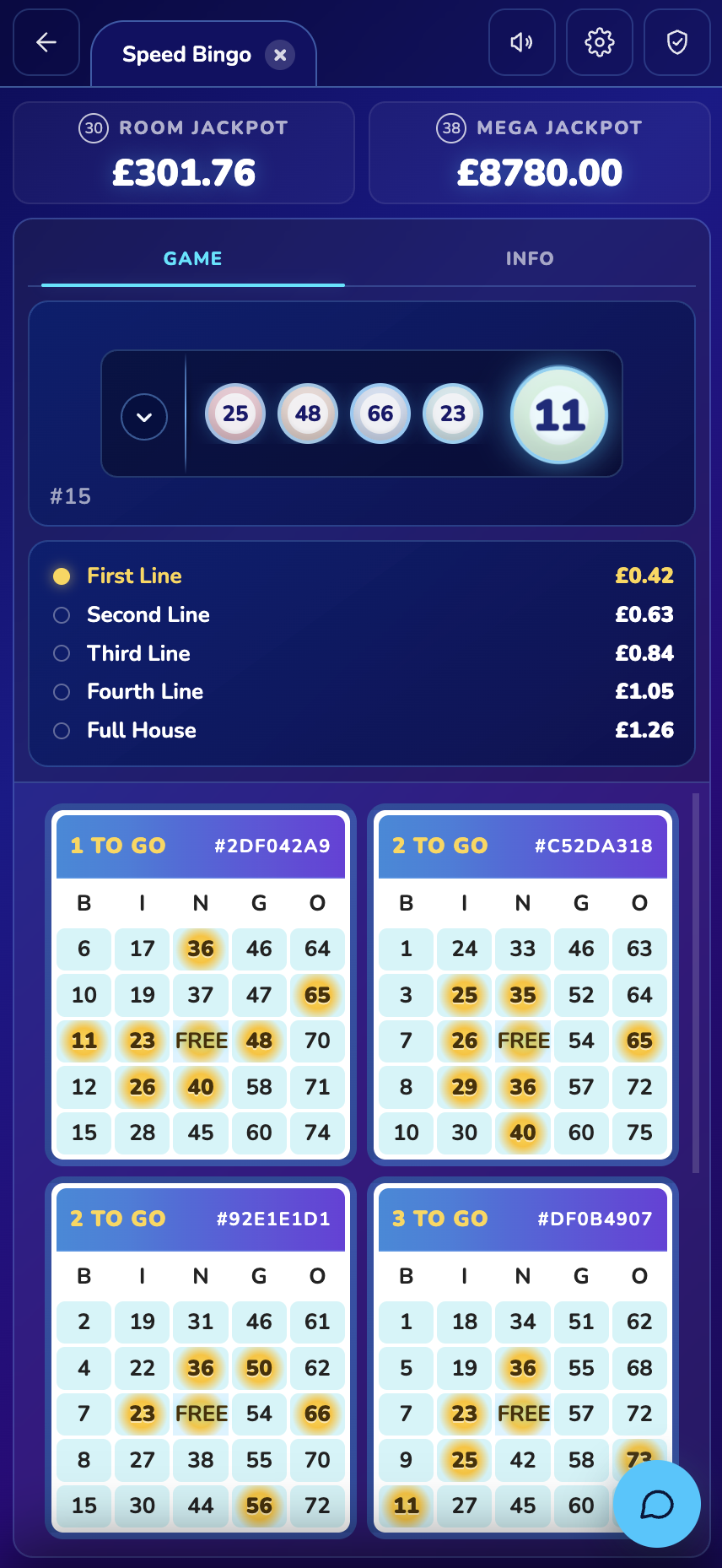 Bingocore mobile bingo game — cards, drawn balls and live chat