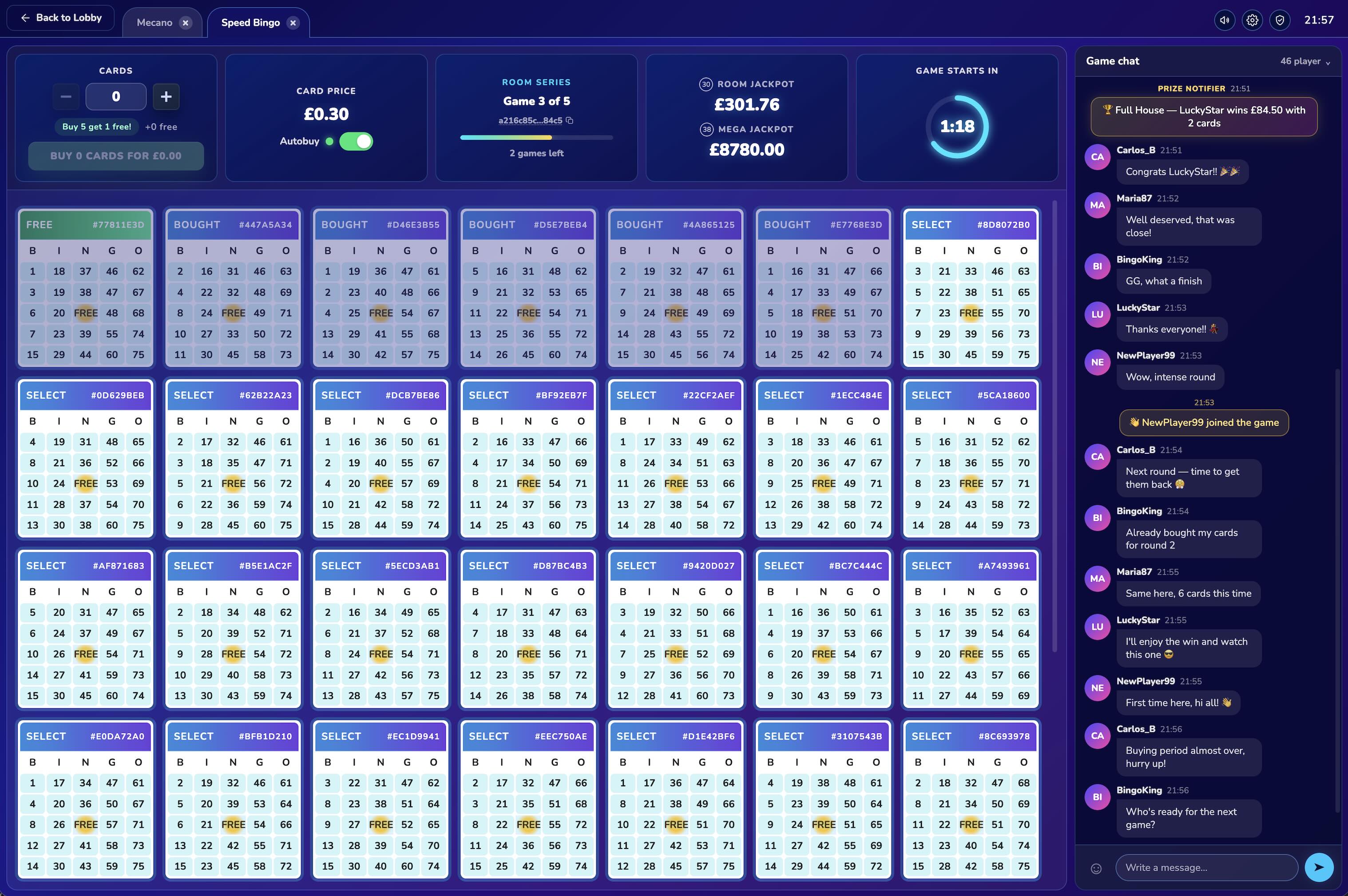 Juego de bingo en vivo de Bingocore — bolas extraídas, cartones del jugador, clasificación y chat
