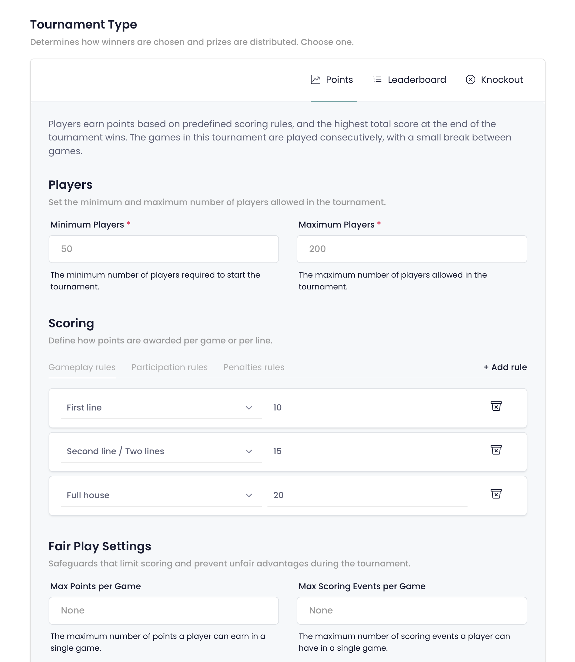 Bingocore tournament builder — type selector, scoring rules and tie-breaker priority
